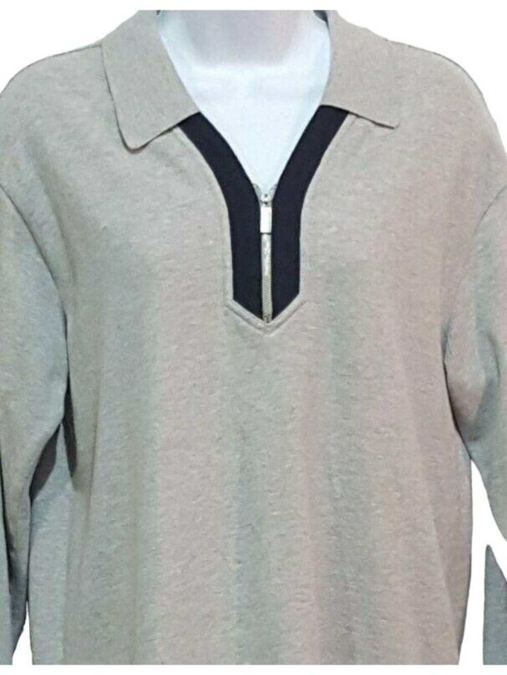 Talbots Top Womens S Gray Quarter Zip Long Sleeve Soft Knit Navy Trim Side Slits